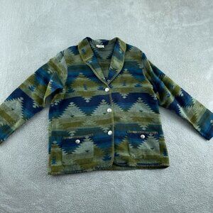 Vintage Teddi Acrylic  Shawl Cardigan Jacket Large Green & Blue Aztec  4548